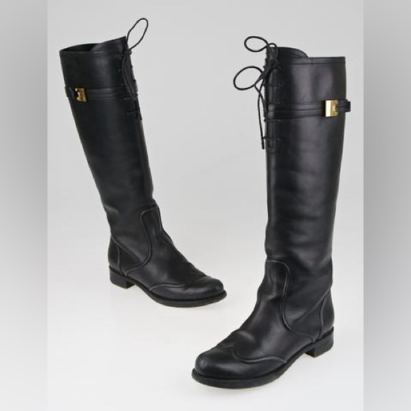Louis Vuitton Black Riding Leather Lace Up Knee-High Flat Boot SIZE 36 - Picture 1 of 10